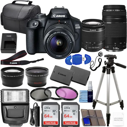 Canon Cámara DSLR EOS 2000D (Rebel T7) con Canon EF-S 0.709-2.165 in F/3.5-5.6 lente de zoom + lente III de 2.953-11.811 in Kit de 4 lentes con 2