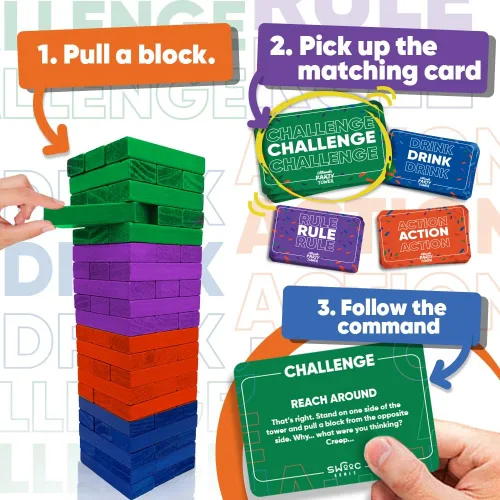 Miniatura 3 de SWOOC Games - Ultimate Party Tower™ - 100 Comandos Originales, 60 Bloques, y Miles de Divertidas Combinaciones de Reglas - Una Vuelta Divertida a