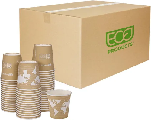 ECO PRODUCTS Tazas de café de espresso desechables y compostables World Art de 4 onzas, caja de 1000, taza de papel caliente renovable, forro de PLA