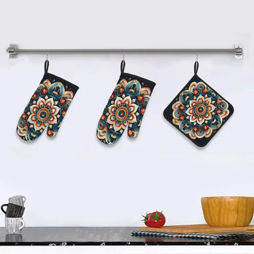 Miniatura 5 de Juego de manoplas de horno y soportes para ollas con mandala étnico bohemio, resistentes al calor, guantes de cocina y agarraderas para cocinar
