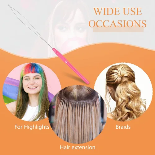 Miniatura 4 de Chuangdi 20 piezas de extensión de cabello, enhebrador de aguja para tirar de aguja, dispositivo de cuentas para suministros de extensiones de Rosa