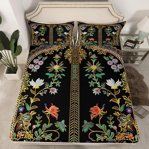 Miniatura 41 de Sábanas de cama góticas de damasco para adultos, sábana bajera ajustable victoriana antigua, sábanas góticas florales vintage, juego de ropa de cama