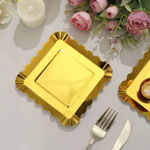 Miniatura 5 de Efavormart - Paquete de 50 platos de papel de aluminio dorado con borde festoneado de 5 pulgadas, mini platos de postre geométricos cuadrados