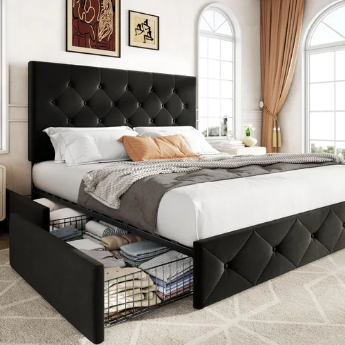 Miniatura 12 de Allewie - Base de cama tapizada de tamaño Full con plataforma, con 4 cajones de almacenamiento y cabecero, diseño cosido en cuadrados con botones