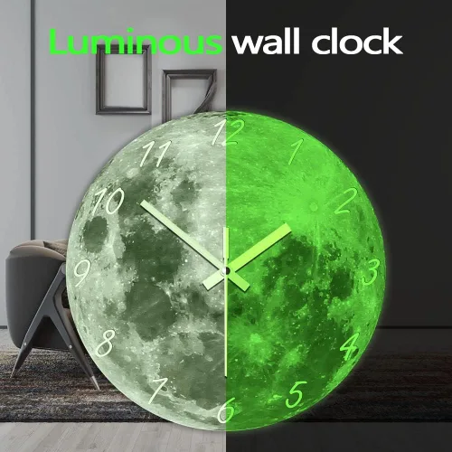 Miniatura 8 de The Geeky Days Reloj de pared con luna que brilla en la oscuridad para sala de estar, diseño moderno, luminoso, silencioso, sin tictac, decoración