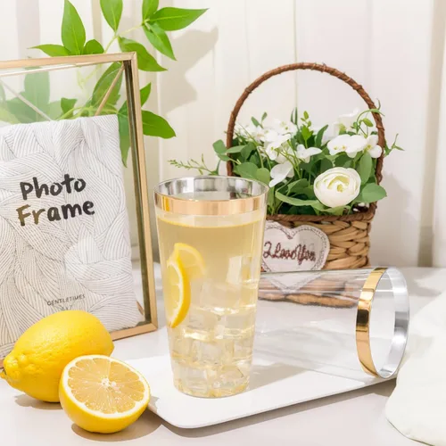 Miniatura 7 de DaYammi Paquete de 100 vasos de plástico dorados de 16 onzas, elegantes vasos de plástico transparente con borde dorado, desechables, copas de vino