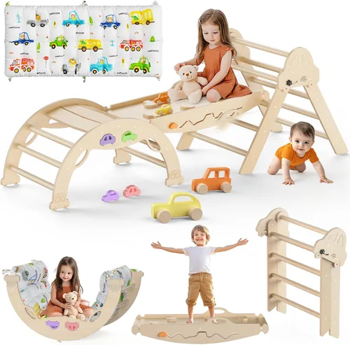 Conjunto de Triángulo Pikler con Cojín 9 en 1 Plegable Juguetes de Escalada Montessori para Niños Pequeños 1-3 Parque Infantil de Madera para