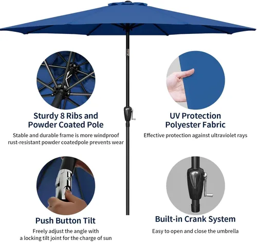 Miniatura 2 de Simple Deluxe Sombrilla de patio al aire libre, protección UV, con botón de inclinación/manivela y 8 varillas resistentes, para mesa, jardín, Azul