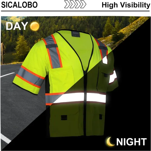 Miniatura 4 de Chaleco de malla de seguridad de alta visibilidad para hombre con 10 bolsillos, chaleco reflectante Hi Vis, clase 3, ropa de trabajo con cremallera
