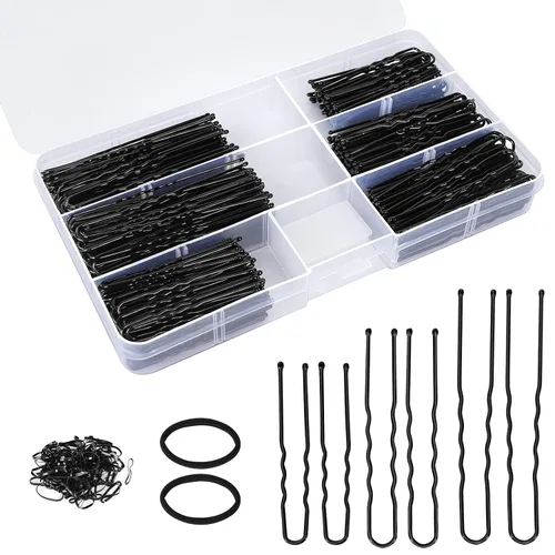 Juego de 300 horquillas en forma de U para mujeres, niños y niñas: 2.8 pulgadas, 2.4 pulgadas, 2 pulgadas con caja de almacenamiento, 2 lazos Negro