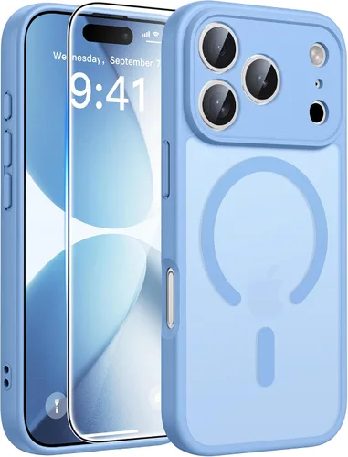 FNTCASE Funda para iPhone 17 Pro: Fundas delgadas translúcidas de color azul claro compatibles con MagSafe, protección completa de la cámara y