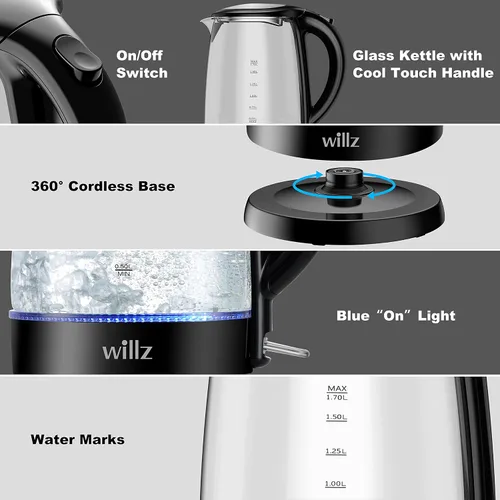 Miniatura 8 de Willz Hervidor eléctrico de vidrio con mango resistente al calor y vertido inalámbrico, tecnología de ebullición rápida y apagado automático, luz