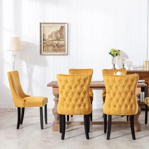 Miniatura 8 de OVENTA Juego de 4 sillas de comedor modernas tapizadas con respaldo completo, sillas de comedor de terciopelo dorado con patas de madera maciza
