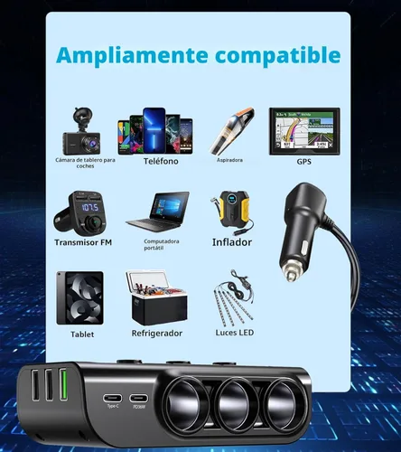 Miniatura 7 de LIHAN Divisor de encendedor de cigarrillos para automóvil, adaptador de 3 enchufes de 8 en 1,120 W y 5 USB con interruptor de alimentación maestro