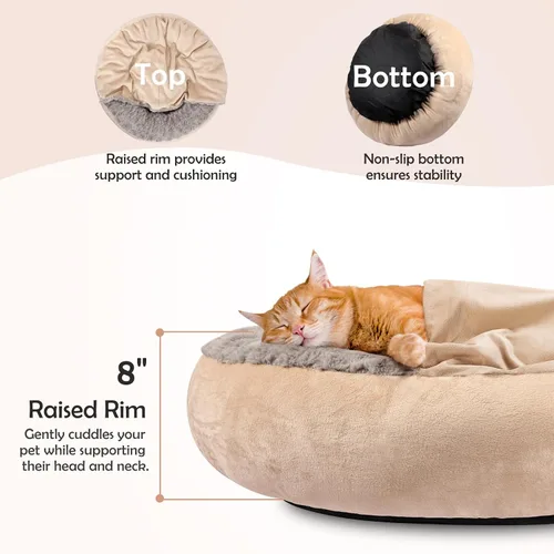 Miniatura 2 de JOEJOY Cama pequeña para perros y gatos con manta con capucha, acogedora y lujosa cama para cachorros en forma de dona redonda que alivia