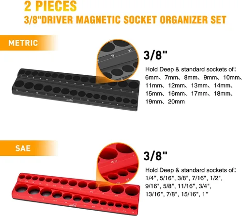 Miniatura 2 de GOOACC Organizador Magnético de Dados de 3/8", 2 Piezas Métrico y SAE Soportes de Dados de 3/8 pulgadas Bandeja Organizadora de Dados Sostiene 56