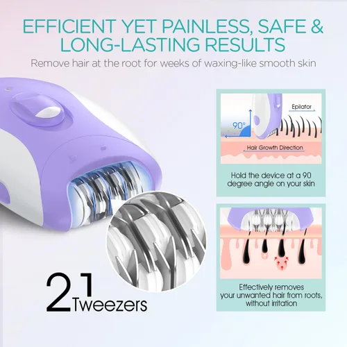Miniatura 3 de VOGOE Depiladora para mujer, depiladora inalámbrica para mujeres, depiladora eléctrica 4 en 1, 2 velocidades y 21 pinzas para cara, piernas, brazos