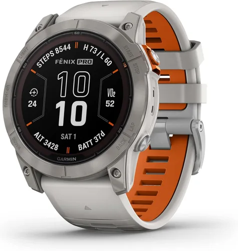 Garmin fēnix 7X Pro Sapphire Solar, reloj inteligente GPS multideportivo, linterna integrada, capacidad de carga solar, gris niebla/naranja brasa