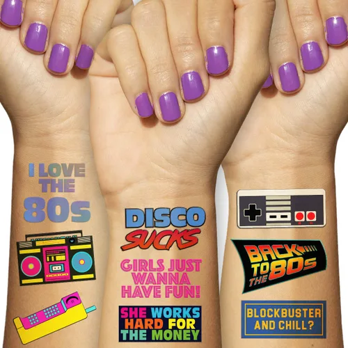 Tatuajes temporales retro de los años 80, 5 hojas, divertidos recuerdos de fiesta de los años 80, decoraciones y suministros
