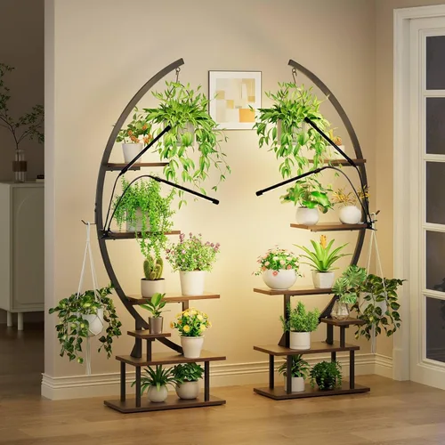 Miniatura 7 de GREENSTELL Soporte para plantas de interior con luces de crecimiento, soporte de metal alto de 7 niveles para plantas de interior, estante de Marrón