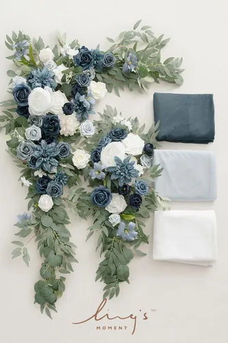 Miniatura 6 de Ling's moment Kit de flores de arco de boda con cortinas transparentes, arreglos florales artificiales azul polvoriento y azul marino para telón