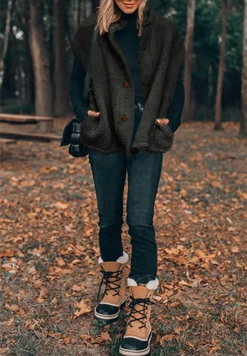 Miniatura 34 de Hongqizo - Chaleco de forro polar mullido para mujer, casual, de gran tamaño, cálido, con botones, chaqueta de sherpa con bolsillos