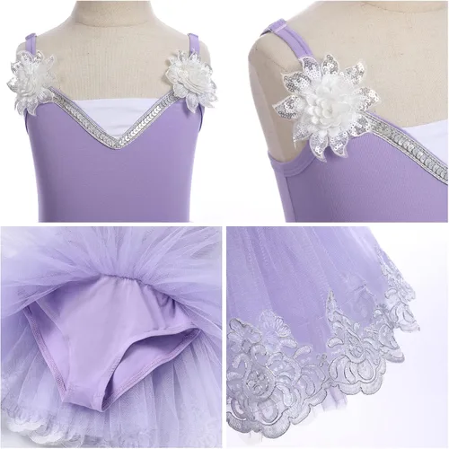 Miniatura 4 de ODASDO Leotardo de ballet para niñas, camisola, faldas tutú, lentejuelas brillantes, bordado de flores, vestido de baile, traje de gimnasia