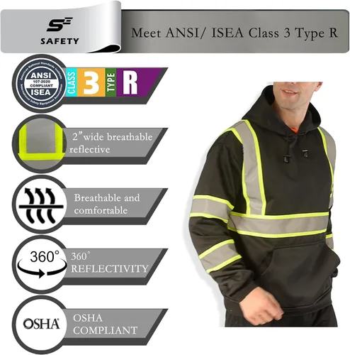 Miniatura 3 de SEsafety Sudadera con capucha con cremallera de alta visibilidad, sudadera de seguridad reflectante clase 3 con parte inferior negra, chaqueta