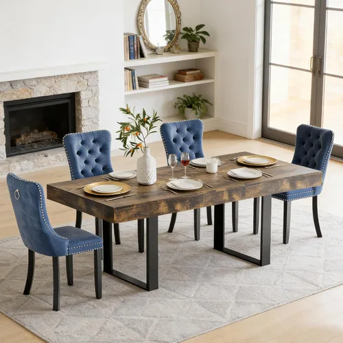 Miniatura 10 de Juego de mesa de comedor extensible de 5 piezas para 4, mesa de cocina de madera marrón de 63-78.7 pulgadas con 4 sillas acolchadas beige, juego
