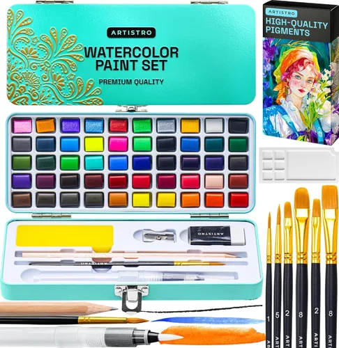 ARTISTRO Juego de pintura de acuarela de 50 colores, kit de arte de pintura portátil con paleta y bolígrafos de pincel, juego de acuarela de viaje