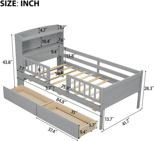 Miniatura 2 de P PURLOVE Cama de plataforma de tamaño individual con cabecera de almacenamiento, marco de cama de madera con luz LED integrada, cama de plataforma