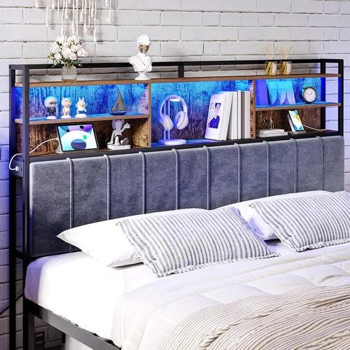 Miniatura 11 de Hzuaneri Cabecero con estantes de almacenamiento de 3 niveles, tablero de cabecera tapizado de terciopelo con 2 tomas, puertos USB y luz LED, Marrón