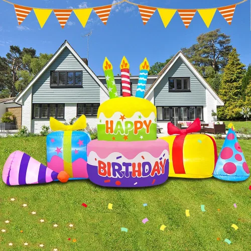 Miniatura 6 de Decoración inflable de pastel de cumpleaños feliz de 8 pies con velas, decoraciones inflables para patio exterior, luces LED integradas para fiestas
