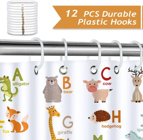 Miniatura 3 de Cortina de ducha Bonhause para niños ABC, linda decoración educativa del alfabeto animal para baño de niños pequeños, 72 x 72 pulgadas, tela
