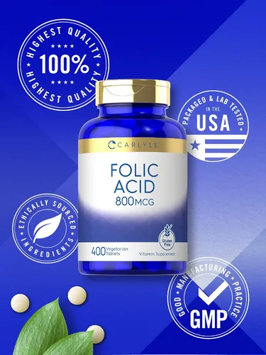 Miniatura 5 de Carlyle Tabletas de ácido fólico de 800 Mcg 400 unidades Vegetariano, sin OMG, suplemento sin gluten