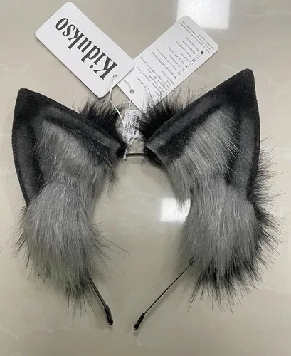 Miniatura 7 de Kidukso Fox Ears Headwear Simulación Animal Fur Fox Ears Tocado Vestir Cosplay Fiesta Anime Comic Con Prop Headwear Negro y gris