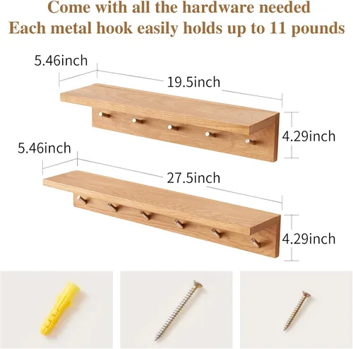 Miniatura 6 de Perchero de madera de roble con estante de 20 pulgadas de largo, 5 ganchos, estante flotante de pared de entrada para baño, pasillo, sala de estar