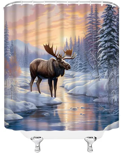 Miniatura 3 de GCTNBJL Cortina de ducha con diseño de alce y bosque de invierno, pino, ciervo, alce, nieve, lago, puesta de sol, naturaleza, escénico, Navidad