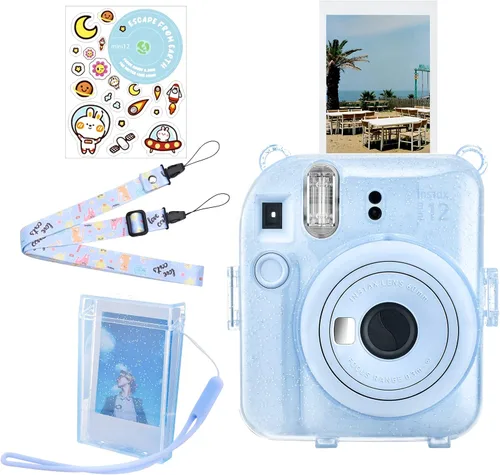 Fuji Mini 12 - Funda rígida de policarbonato transparente para cámara instantánea Instax Mini 12 con calcomanías y soporte para almacenamiento de