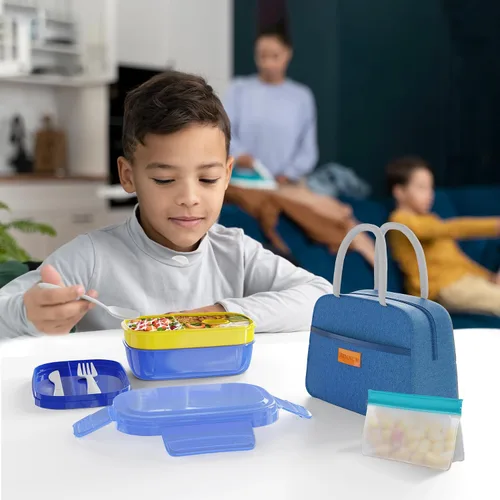 Miniatura 6 de JBGOYON® Juego de lonchera Bento azul, 3 recipientes apilables para adultos y niños, incluye bolsa de almuerzo, a prueba de fugas y sin BPA, juego
