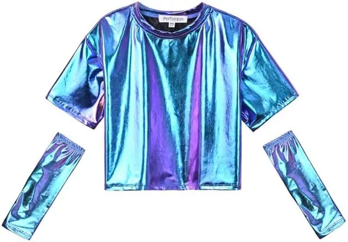 Perfashion Camisas metálicas para niñas con mangas de brazo, top corto brillante para baile, raves, festivales, disfraces de 4 a 15 años