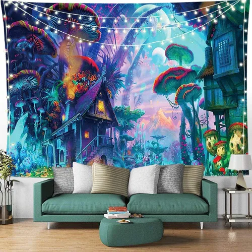 Ruibo Tapiz psicodélico de castillo de hongos, colorido surrealista, arte digital astral, decoración de bosque eléctrico, tapiz para colgar en la