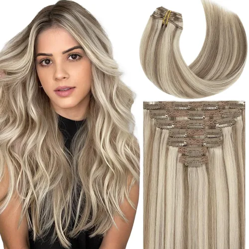 Miniatura 34 de Caliee Extensiones de cabello humano con clip, color marrón dorado #10 y rubio decolorado #613, cabello humano real, sedoso y lacio, con clip