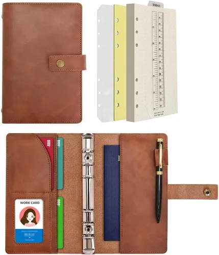 Miniatura 19 de WONDERPOOL Cuaderno de cuero recargable, cuaderno en espiral, carpeta de carpetas de diario A5 con puntos y bolsillos interiores para viajes, Marrón