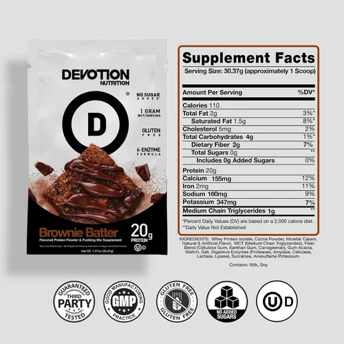 Miniatura 2 de Devotion Nutrition Brownie - Proteína en polvo para batidos, hornear, brownies, postres, 0.71 oz de aislado de suero y mezcla de caseína, sin azúcar