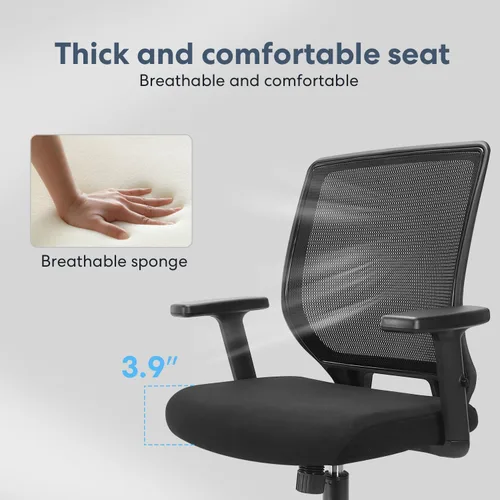 Miniatura 7 de Silla ergonómica de oficina, silla de escritorio de malla para el hogar con brazos ajustables, sillas de computadora con respaldo medio para Negro