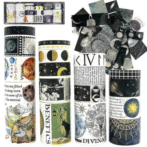 Juego de 18 rollos de cinta washi vintage y 15 calcomanías Cosmos, 75/50/30/25/20/15/10/0.197 in, planeta, tierra, estrellas, luna, universo, letras