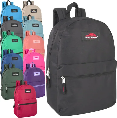 Trail maker Paquete de 24 mochilas clásicas de 17 pulgadas a granel al por mayor para niños y niñas, Paquete de 12 colores surtidos