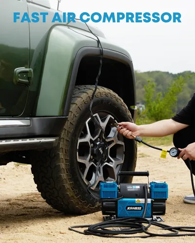 Miniatura 2 de Kohree Compresor de aire de doble cilindro de 12 V, inflador rápido de neumáticos de 12.35 pies³/min, bomba de neumáticos portátil resistente