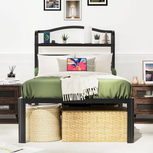 Miniatura 3 de Base de cama Individual XL con cabecera, base de colchón de metal, armazón de cama de 18 pulgadas de alto, no necesita somier, base de cama de 46 cm